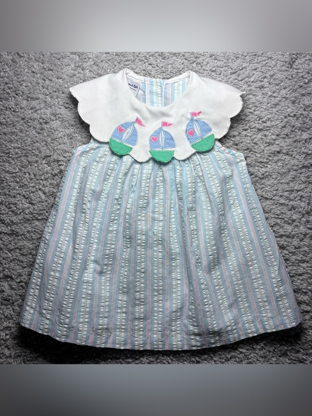VINTAGE SAMARA Dress Girls 3T 1990s Nautical Sailboats Seersucker Pinstripe Sail